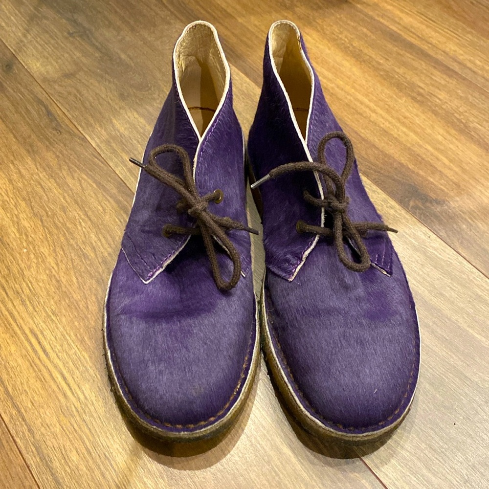 One-of-a-kind purple pony hair lace up ankle boots by Studio Pollini.